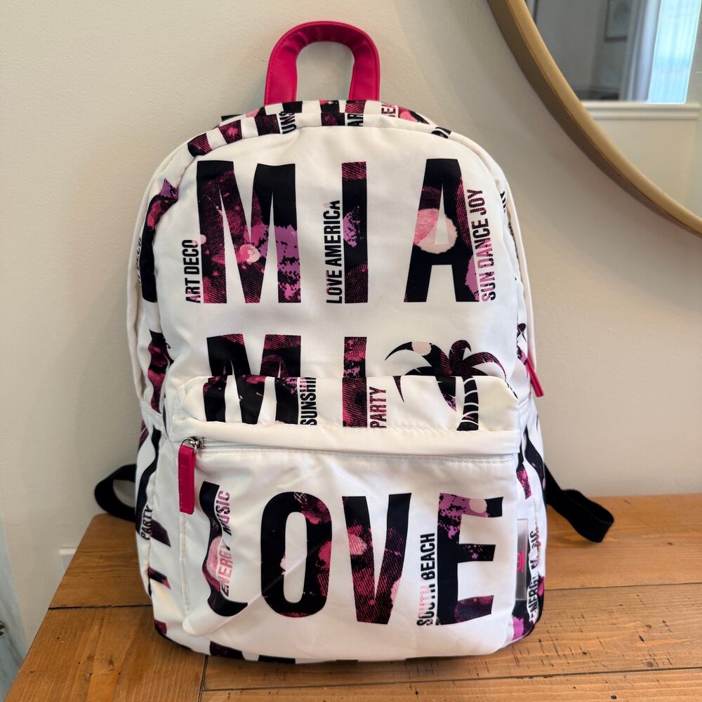 Robin Ruth Miami Love Backpack White Pink Graphic Typography School Travel Bag